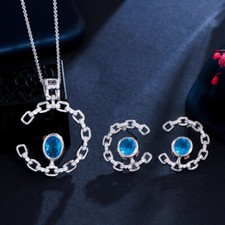 Lady Silver Plated Long Sweater Pendant Necklace and Earrings Zircon Jewelry Set
