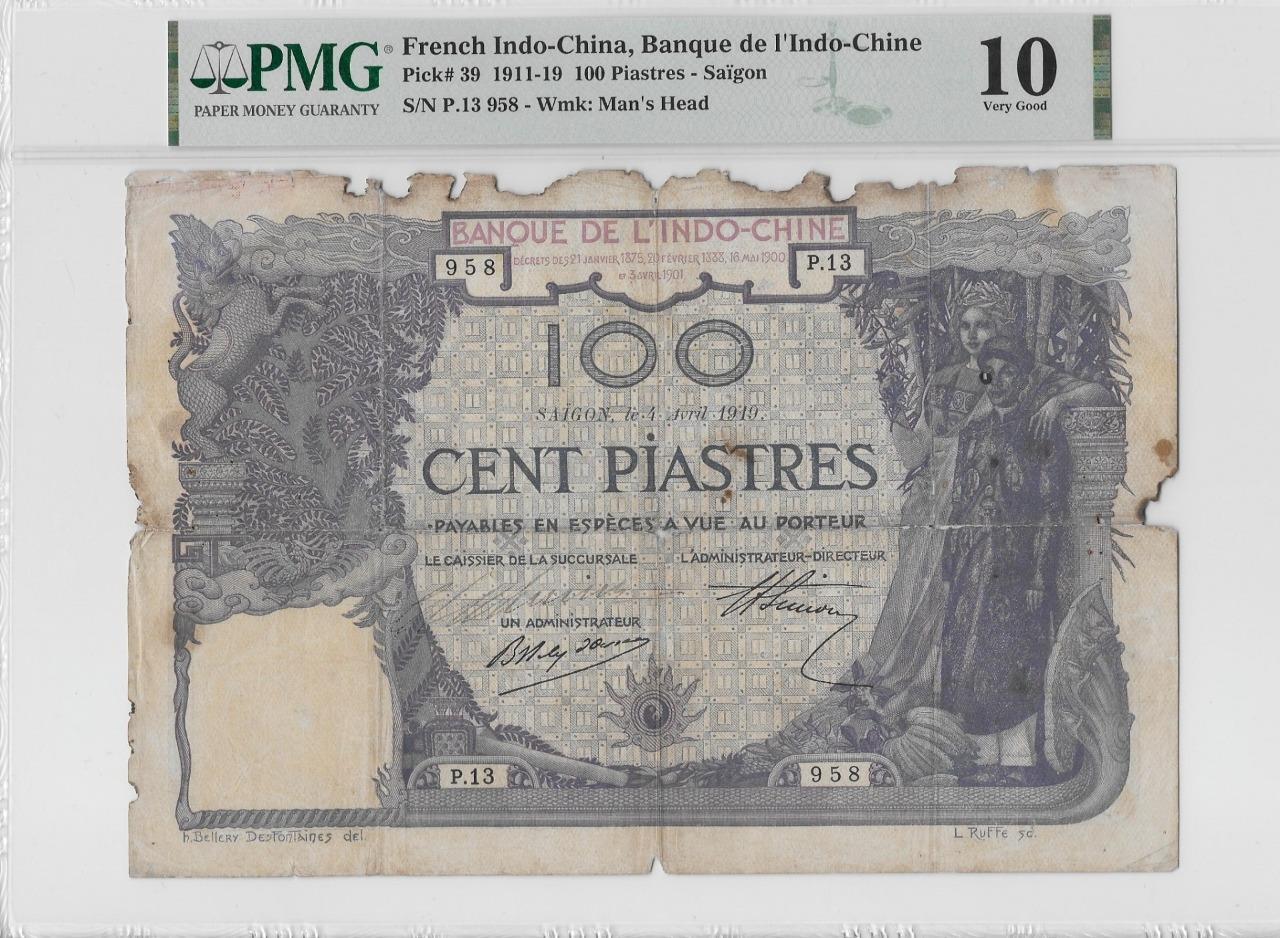 French Indochina P-39 100 Piastres Saigon 1919 PMG 10 Edge Damage