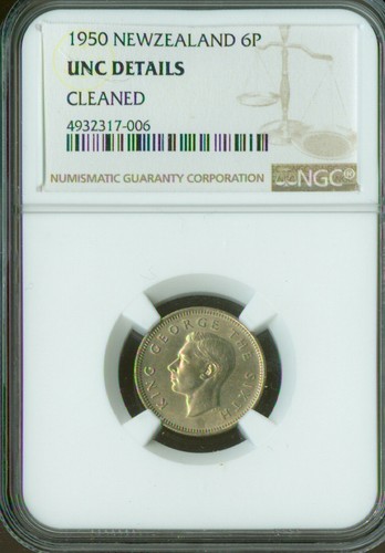 1950 NEW ZEALAND SIX PENCE 6P NGC MAC MS60 RARE POP 3 .