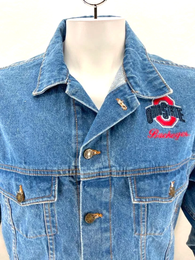 OSU Ohio State Buckeyes TSI Blue Denim Full Button Trucker Jean Jacket Men's L