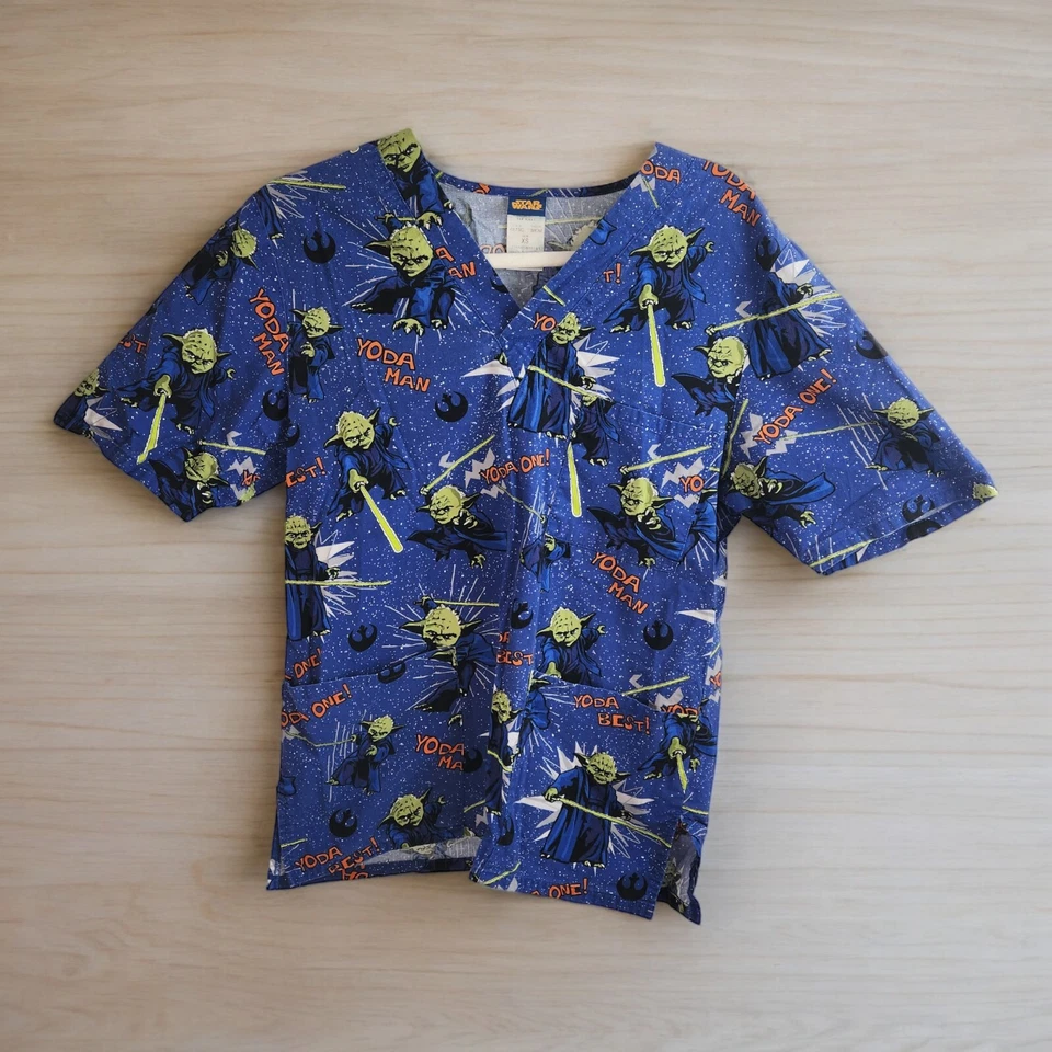 Star Wars Yoda Men's XS Extra Small Scrub Top Yoda Man Best Nursing Medical Blue - Image 3 of 4