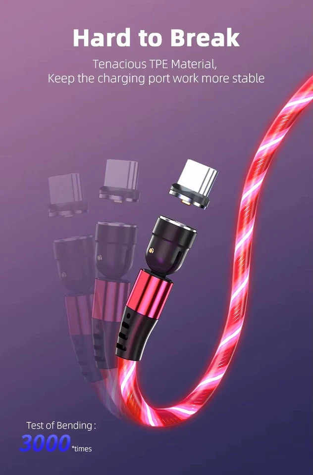 3 in 1 Magnetic LED Charging USB Cable Charger 2.4A Phone Type-C Micro USB IOS - Image 4 of 4