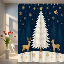 Christmas Shower Curtain with Deer and Snowflakes, Holiday Decor