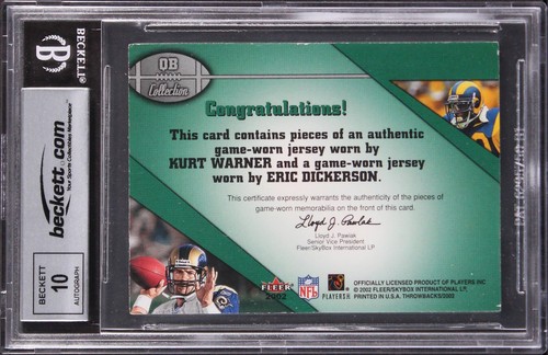 Kurt Warner & Eric Dickerson Signed 2002 Fleer TB QB #3 Card Auto 10! BAS Slab - Picture 2 of 2