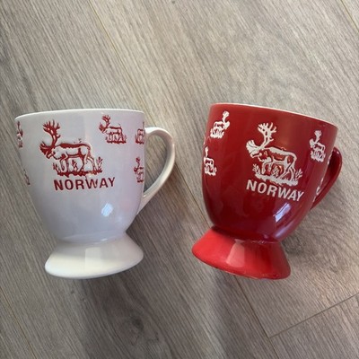 3-D ELCHBILDER NORWEGEN'', Keramik Kaffeetasse / Becher, VINTAGE rot-weiß Paar