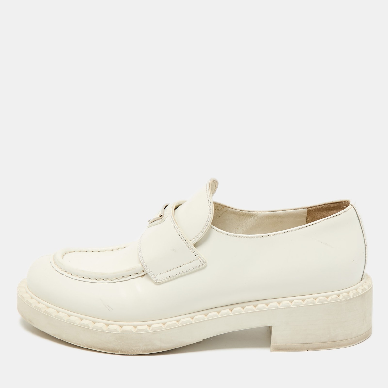Prada White Leather Logo Plaque Slip-On Loafers Size 39.5 EU