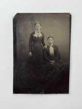 Antique 1800s Tintype Photo Two Women Victorian Dresses 1/6 Plate Portrait