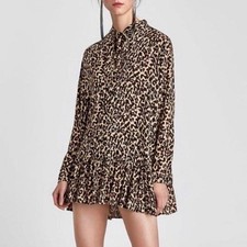 Zara boho preppy brown leopard ruffle hem long sleeve V-neck babydoll mini dress