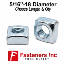 5/16"-18 Grade 2 Steel Square Nuts Zinc Clear Coarse Thread (Pick Quantity)