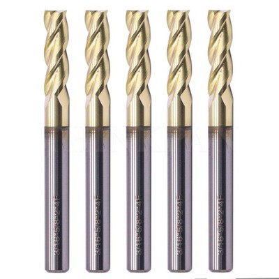 5Pcs 3/16'' 3 Flute 37° Helix Carbide Square End Mills For Aluminum - ZrN Coated