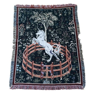 Crown Crafts Unicorn in Captivity Woven Tapestry Throw Blanket Medieval Green
