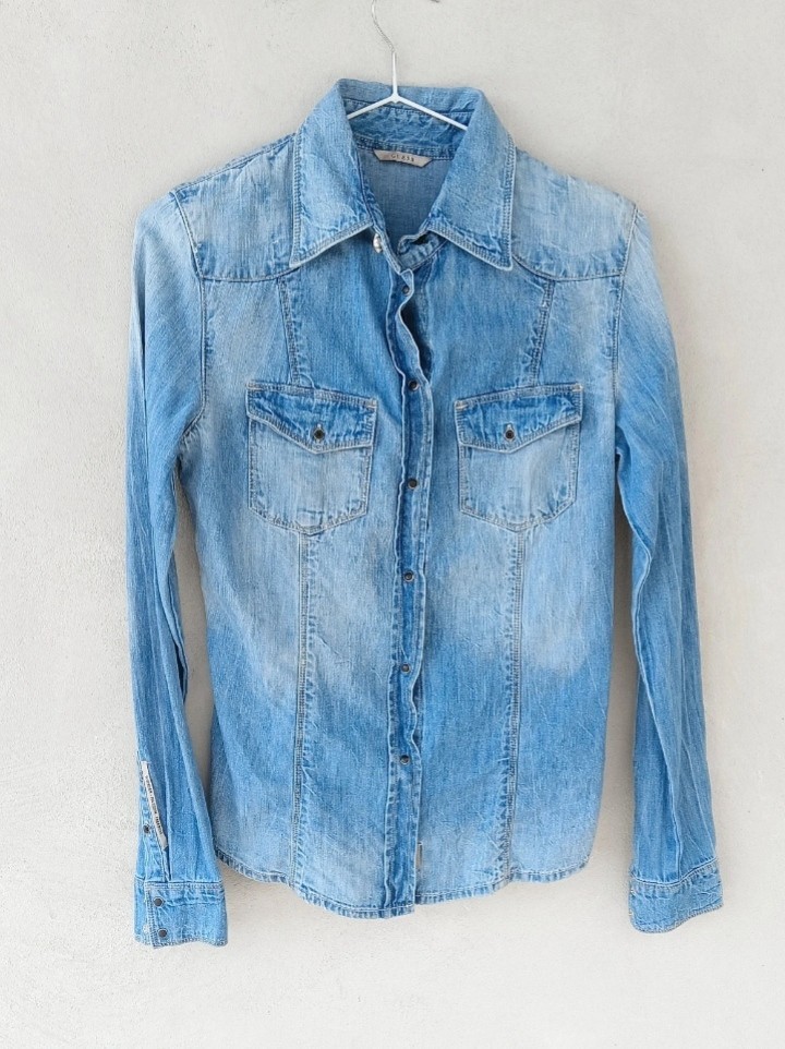 Camicia denim donna Guess, tg XS, turchese blu, 100% cotone, stile western