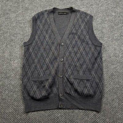 LanKe Cardigan Vest Mens S Charcoal Gray Argyle Diamond Pure Wool Button Front