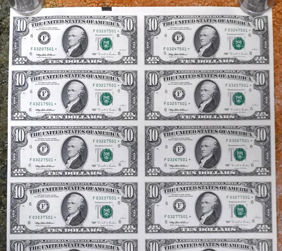 1995 UNCUT SHEET OF 16 - 1995 $10 STAR NOTES, ATLANTA DISTRICT - Image 2 of 4