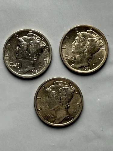 3 10c Mercury Dime Teens lot - EF-AU Sharp Details and Luster 1916 1917 1919