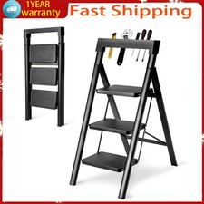 3 Step Carbon Steel Step Ladder Anti-Slip Feet, Lightweight Folding Step Ladder