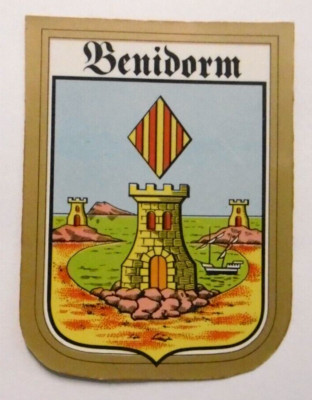 Souvenir-Aufkleber Benidorm Stadtwappen Costa Blanca Alicante Spanien 80er