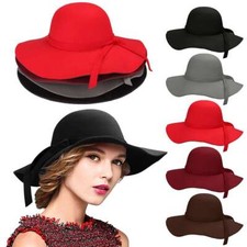 Women Vintage Wide Brim Floppy Warm Felt Bowler Fedora Hat Floppy For Beach