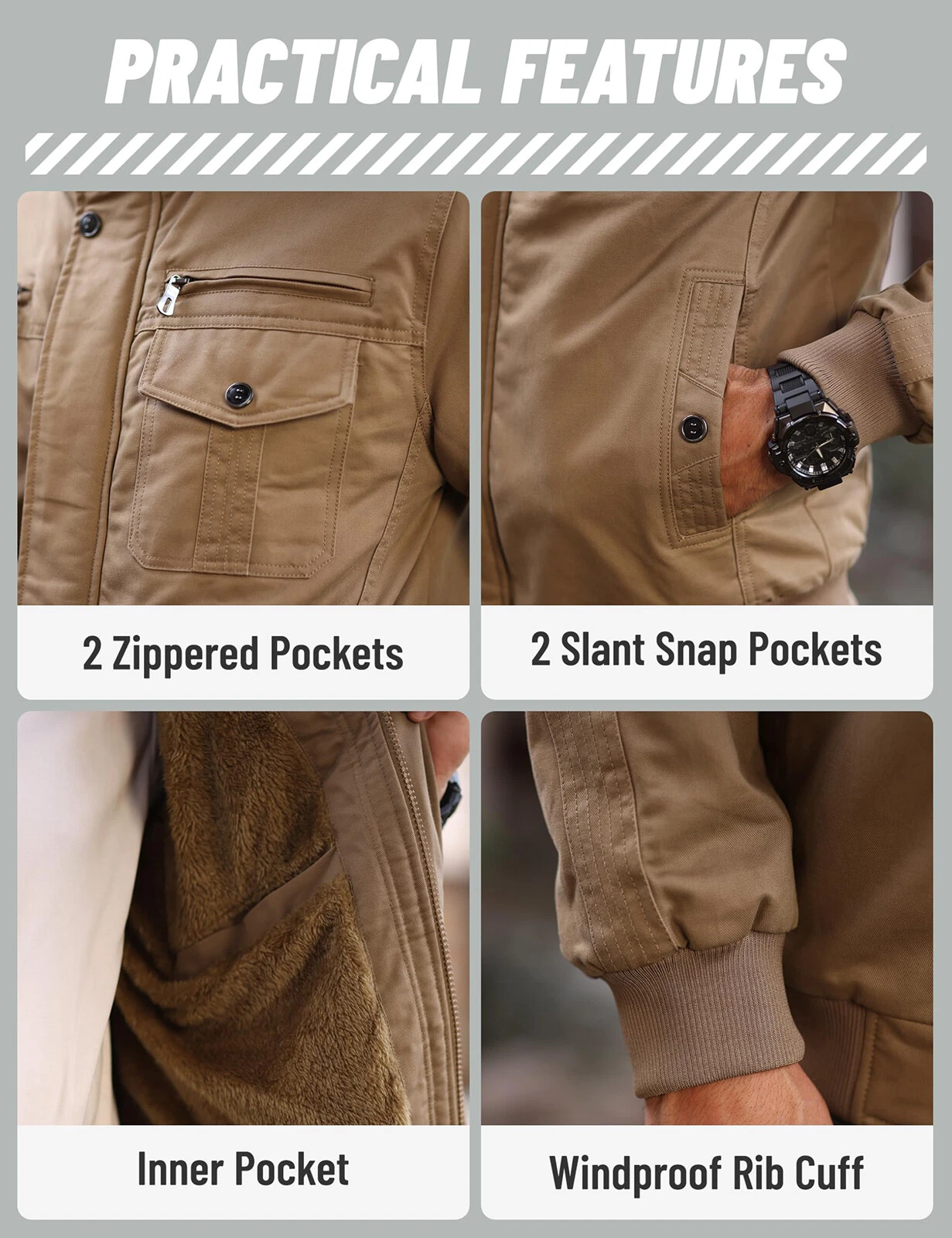TACVASEN Men's Winter Bomber Jacket Fleece Cotton Thicken Casual Work Cargo Coat - product detail image 5