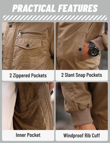 TACVASEN Men's Winter Bomber Jacket Fleece Cotton Thicken Casual Work Cargo Coat image 5