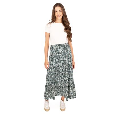 Seasalt Womens Skirt Teal Green Spotty Leaves Dark Wreckage Line Strokes Tiered