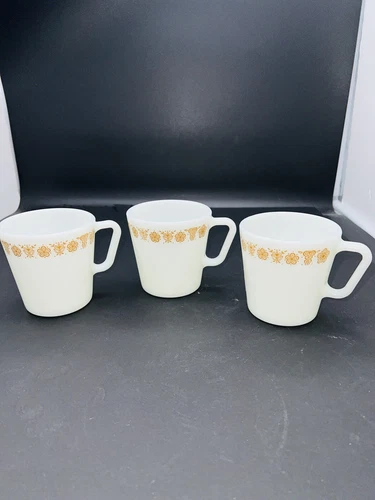 Pyrex Corning Corelle Butterfly Gold (Set of 3) D Handle Coffee Mugs Cups 1410