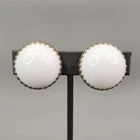 Milk Glass Clip-On Earrings Vtg Germany Round Prong Set Gold Tone 1"