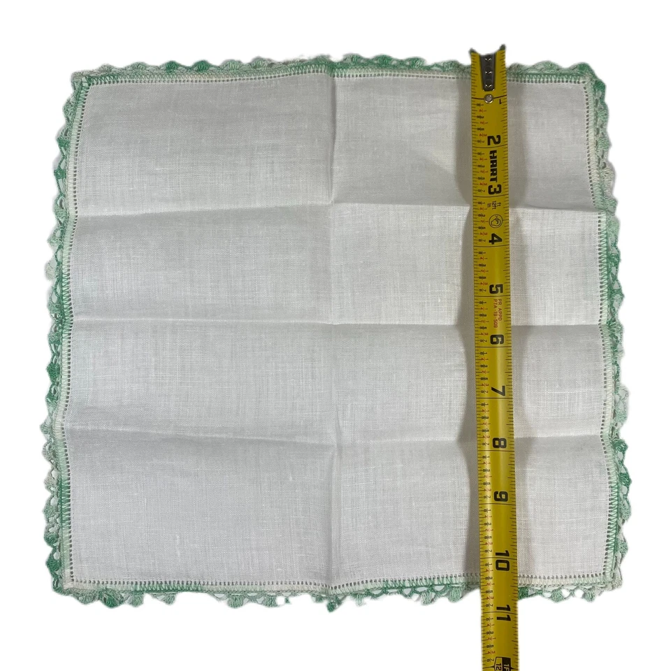 Vintage White Handkerchief Hanky Green Crochet Border Ireland Pure Linen Pocket - Image 4 of 4