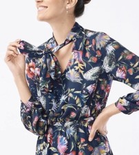 J Crew Navy + Multicolored Floral Now Tie Neck Fit And Flare Dress Sz XS