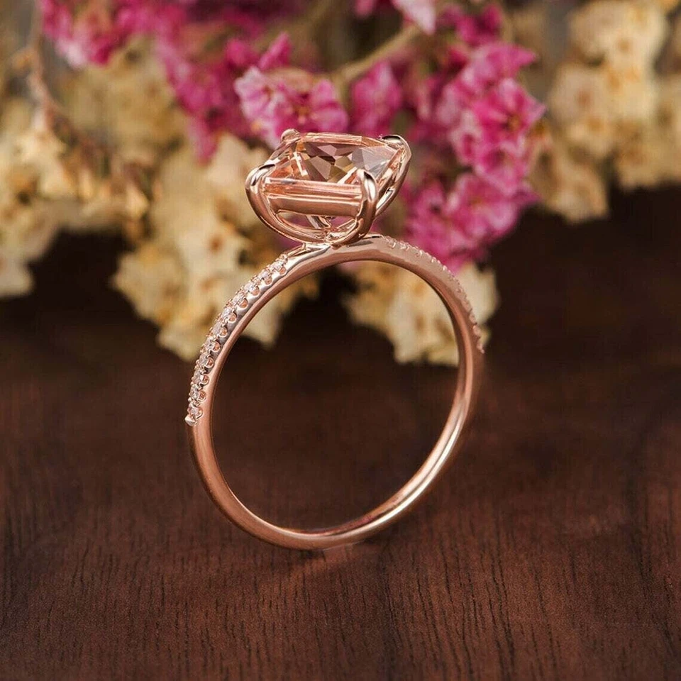 3 Ct Princess Cut Simulated Peach Morganite Wedding Ring In 14k Rose Gold Plated - Image 2 of 4