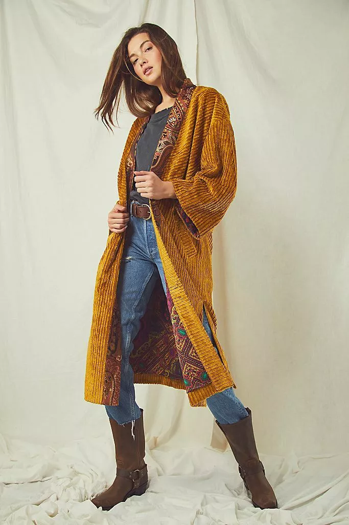RRP 700 Free People Delphine Vintage Duster Coat Gold Medium