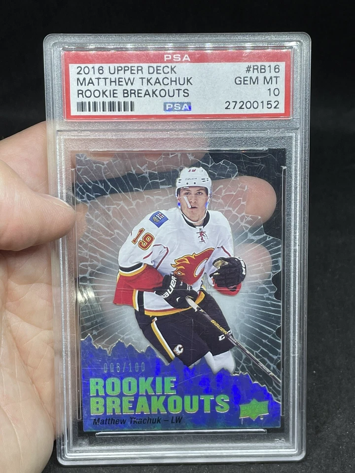 Pop 1 - 2016 Upper Deck Matthew Tkachuk Rookie Breakouts #/100 PSA 10 RC Acetate - Image 4 of 4