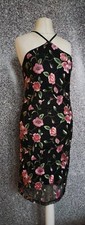10, Black Mesh Large Floral Embroidered Pink Green, Halterneck Midi Dress, New
