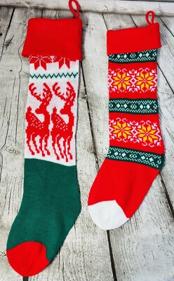 Two Vintage Sweater Knit Christmas Stockings Acrylic Red Green White 23  & 19 