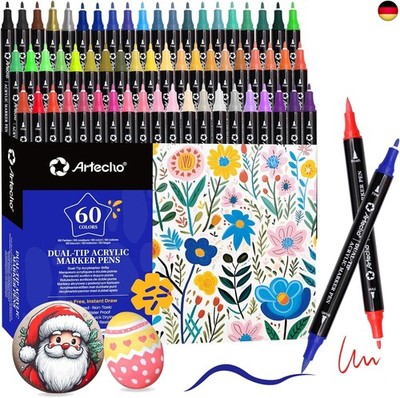 Artecho Acrylstifte 60 Farben, 0.5-5mm Wasserfester Dual Tip Marker (Pinsel und