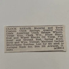 Antique Nook Inc Clock Repair Material & Tools Atwater O 1973 Ad SAI4-S91