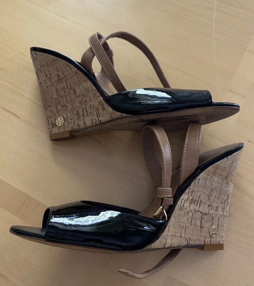 Tory Burch Ashton Black Patent Sculpted Wedge Heels Size 9.5 - Image 2 of 4