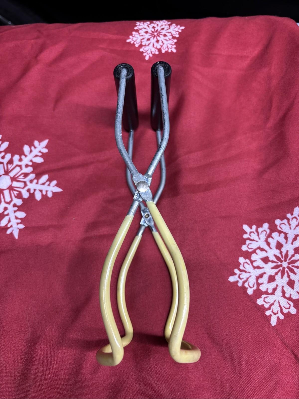 Vintage Canning Jar Lifter Tongs ~ Yellow w/ Black Wooden Ha