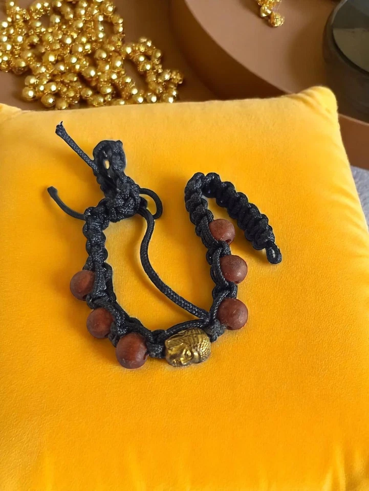 Bracelet tressé perles bois et tête dorée style bouddha – vintage rétro - Photo 1/1