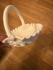 Vintage Westmoreland Paneled Grape Ruffled White Milk Glass Handled Basket