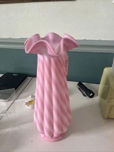 Vintage Fenton Rosalene Satin Pink & White Candy Cane Spiral Optic 14" Vase