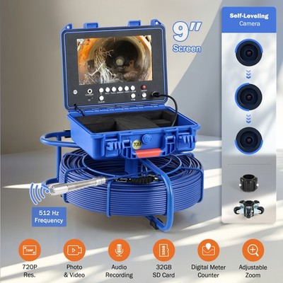 9'' Self-Leveling Sewer Camera w 512Hz 230ft/70m Digital Length Counter 32GB IP68