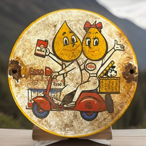 Vintage 6” ESSO Oil Drop Couple Scooter Porcelain Enamel Metal Gas Oil Sign