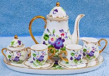 Vintage Miniature Porcelain Tea Set Purple Violets Gold Trim Tray 10pc Dollhouse