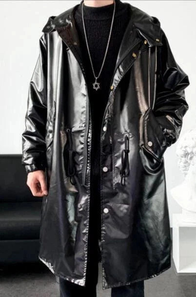 Men Coat Hooded Trench Autumn Long Loose Jacket bright cloth Outerwear