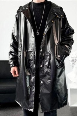 Herren Mantel Kapuze Trench Herbst lang locker Jacke hell Stoff Oberbekleidung