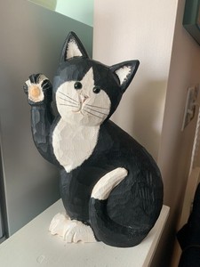 黒白猫のアンティーク置物4体セット James Haddonアメリカ木彫作家 James Haddon Wood Cat Hand Carved Sitting Signed Folk Art 1990s