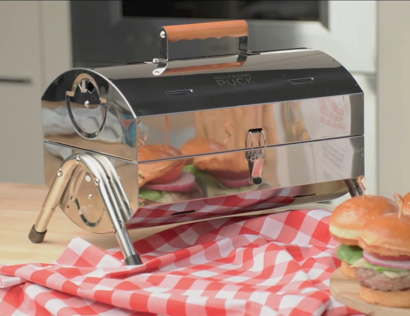 Wolfgang Puck Folding Portable Stainless Steel Charcoal BBQ Grill Bonus 3-Tools