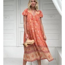 Spell & the Gypsy Love Story Dress AU/UK M US XS Midi Red Coral Floral Boho