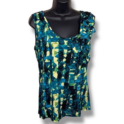 Merona Medium Blue Teal Lime Green Sleeveless Blouse Ruffle Accent Vneck